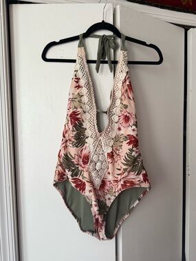 Kona Sol Pink Floral Halter One-Piece with Crochet Trim and Olive Accents